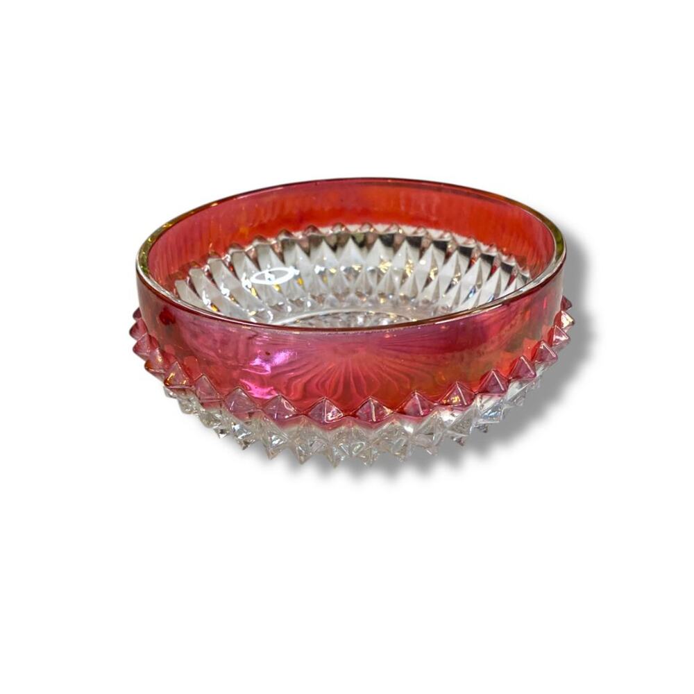 Vintage Indiana Glass Diamond Point Ruby Red Flash Candy Dish Bowl 5"